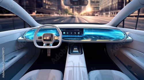 Interior of an automatic car Driverless vehicle, 3D image telephoto lens natural lighting photo