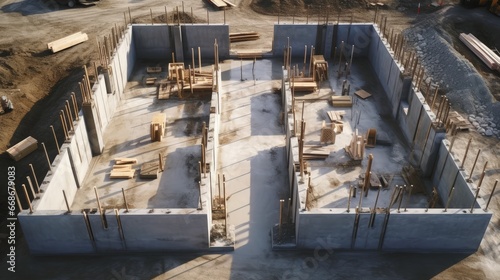 Monolithic reinforced concrete foundations or grillages for the construction of a large modern residential building. Rostverk at the construction site. Foundation for the building. View from above