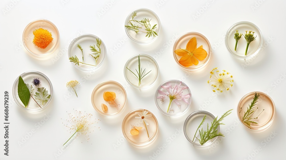 Banner Natural medicine, cosmetic research, bio science, organic skin care products. Petri dish on white background. Top view, flat lay. Concept skincare. Dermatology.