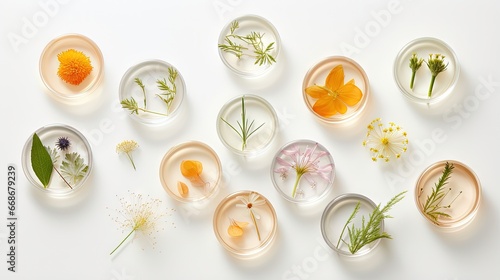 Banner Natural medicine, cosmetic research, bio science, organic skin care products. Petri dish on white background. Top view, flat lay. Concept skincare. Dermatology.