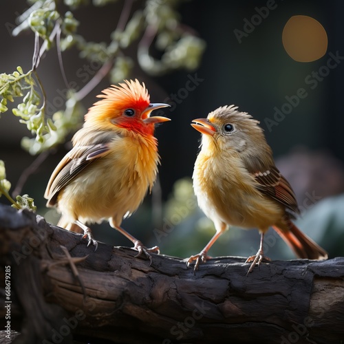 Two birds opposite each other scream and tweet Beautiful bright flying animals. Spring atmosphere with blooming plants and flowers. Feeding and communication of birds