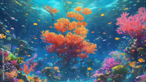 Journey to the Underwater Realm: A 2D Blue Illustration of Marine Life, Coral Reefs, and Diverse Ocean Wildlife © spyduckz