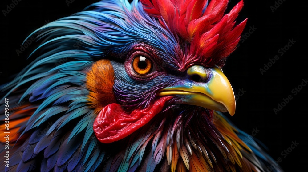 A colorful rooster with a black background close-up. Generative AI.