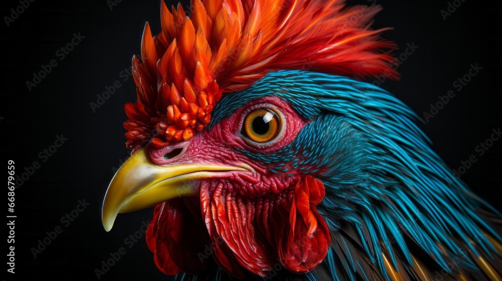 A colorful rooster with a black background close-up. Generative AI.