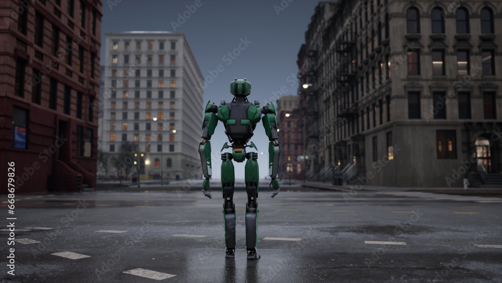 robot walking along a deserted street in a big city. humanoid AI robot crossing street. 3d animation. future automation job. robot walking along a deserted street in a big city. humanoid AI robot crossing street. 3d animation. future automation job.