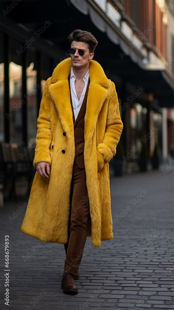 Street clothing style is a fashionable person in an extravagant fur coat after showing a mod on the street