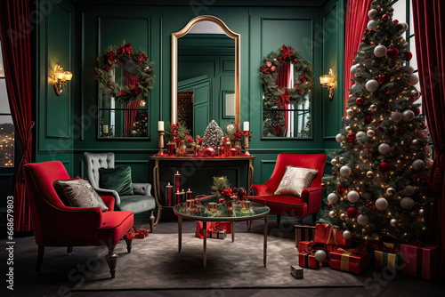 Room decorated in New Year's or Christmas style in red and green colours with mirror on the wall © zakiroff
