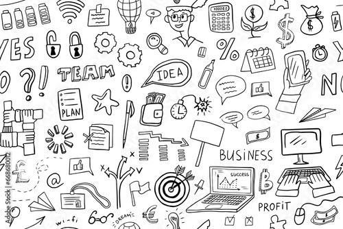 Seamless pattern of business elements. Doodle style. Success, start-up, team, good idea, profit. Hand drawn. Great for banner, posters, background, wallpaper and professional design.