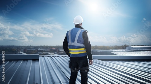 Construction engineer wear safety uniform inspection metal roofing work for roof industrial concept with copy space