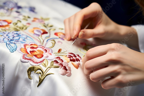 close-up of the hands of a master working on satin stitch embroidery. Modern ethnic folk embroidery, traditional embroidery . historical and national crafts.  photo