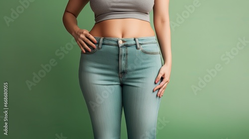 Diet concept and weight loss. Woman in oversize jeans on pastel green background