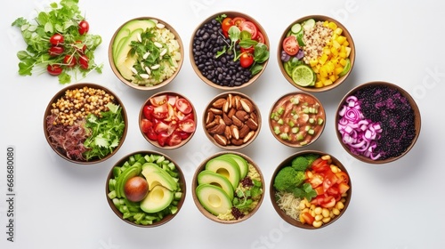 Healthy vegetarian and vegan salads and Buddha Bowls with vitamins, antioxidants, protein on light background. Top view, copy space
