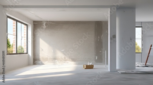 Renovation and modernization with drywall plaster in a walk-through room, copy space for individual text photo