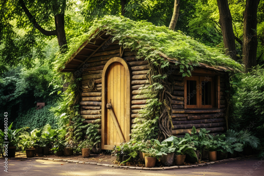Storage shed for gardening tools in a beautiful green botanical garden. Garden hut in the backyard of a house in the middle of the forest. Generative AI Storage shed for gardening tools in a beautiful green botanical garden. Garden hut in the backyard of a house in the middle of the forest. Generative AI