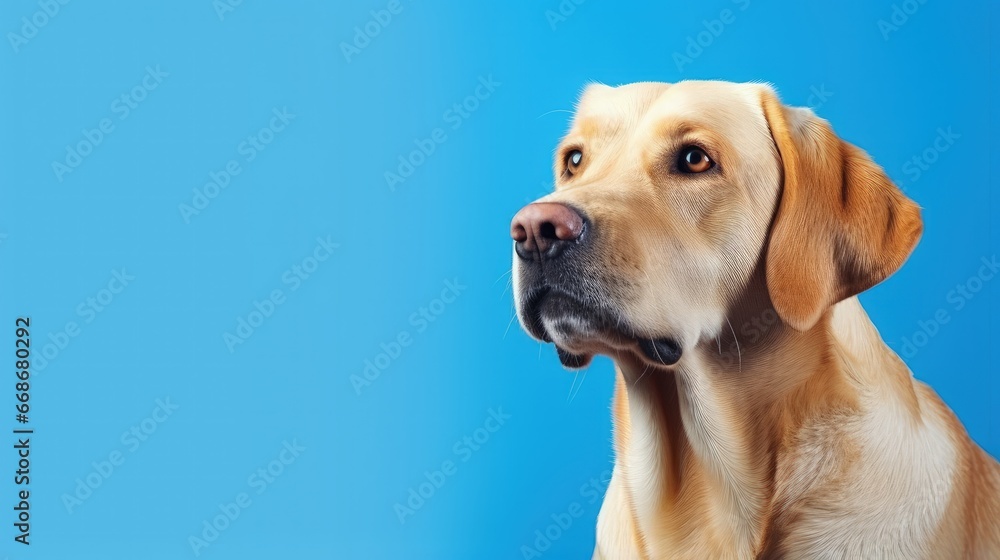 Close-up portrait of beautiful golden Labrador, purebred dog posing isolated on bright blue studio background in neon. Concept of animal, pets, vet, friendship. Copy space for ad, design