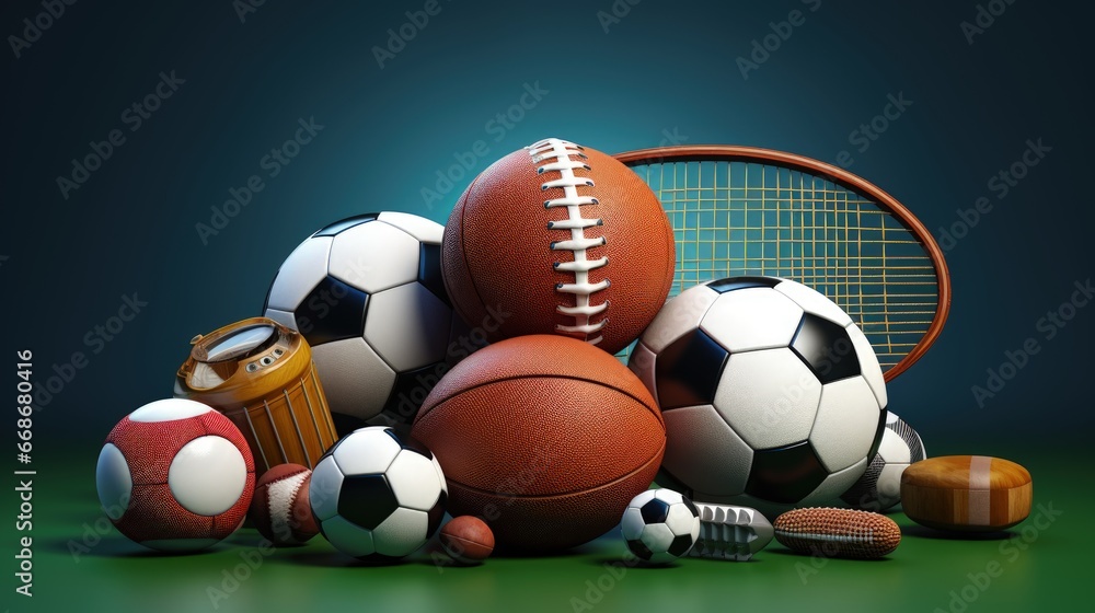 Sports equipment with a football basketball baseball soccer tennis and golf ball including ping pong tennis hockey puck as healthy recreation and leisure fun activities with 3D illustration elements.