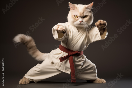 serious white cat doing martial arts karate pose wearing dobok and brown belt, isolated on plain dark gray studio background