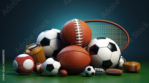 Sports equipment with a football basketball baseball soccer tennis and golf ball including ping pong tennis hockey puck as healthy recreation and leisure fun activities with 3D illustration elements.