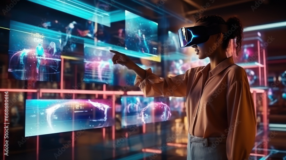 Woman in VR headset selects clothes in online store Futuristic 3D Hologram Widget Woman in VR headset selects clothes in online store Futuristic 3D Hologram Widget
