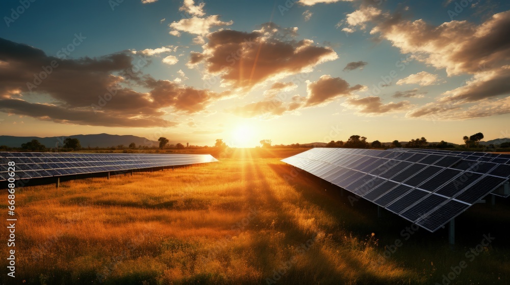 Solar panel farm at sunset located in South Australia - obrazy, fototapety, plakaty 