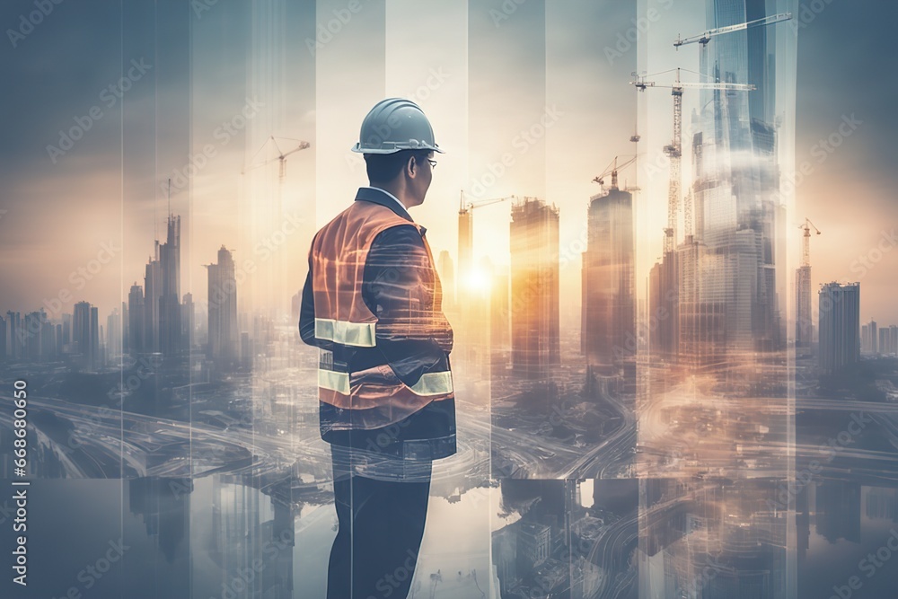 Double exposure image of construction worker holding safety helmet and construction the background of surreal construction site in the city.AI generated - obrazy, fototapety, plakaty 