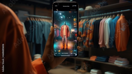 Woman in VR headset selects clothes in online store Futuristic 3D Hologram Widget