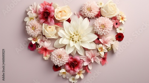 Happy St valentine`s day with fresh floral, red, white and pink roses, white chrysanthemums and royal lilies on champagne background. heart-shaped frame. Minimal flat lay.