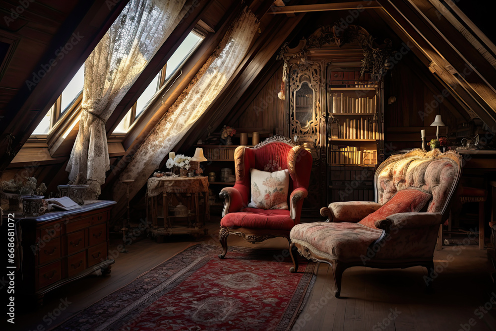 The design of the attic floor is reminiscent of Victorian elegance. Ornate wallpaper, antique furniture and delicate lace curtains. Soft lighting complements the nostalgic aura - obrazy, fototapety, plakaty 