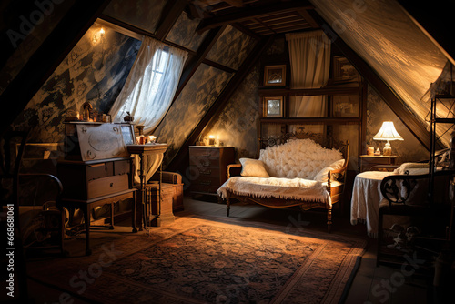 The design of the attic floor is reminiscent of Victorian elegance. Ornate wallpaper, antique furniture  photo