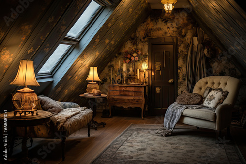 The design of the attic floor is reminiscent of Victorian elegance. Ornate wallpaper, antique furniture and delicate lace curtains. Soft lighting complements the nostalgic aura.