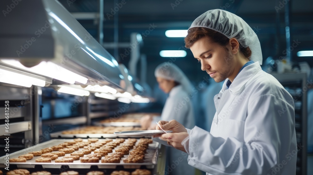 Male food plant worker checking and quality control of cookies in facility. - obrazy, fototapety, plakaty 