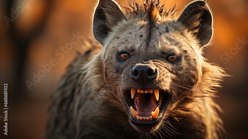 Fotografie, Obraz A hyena with its mouth open. Generative AI.