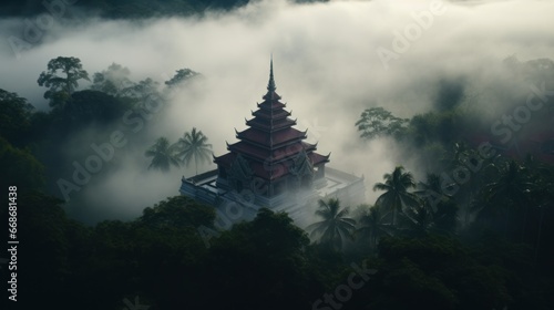 Top view of Thai temple in the sea of mist