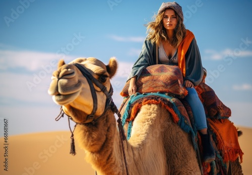 In the desert, a happy traveler riding a camel enjoys an adventurous and exotic journey. © Iryna