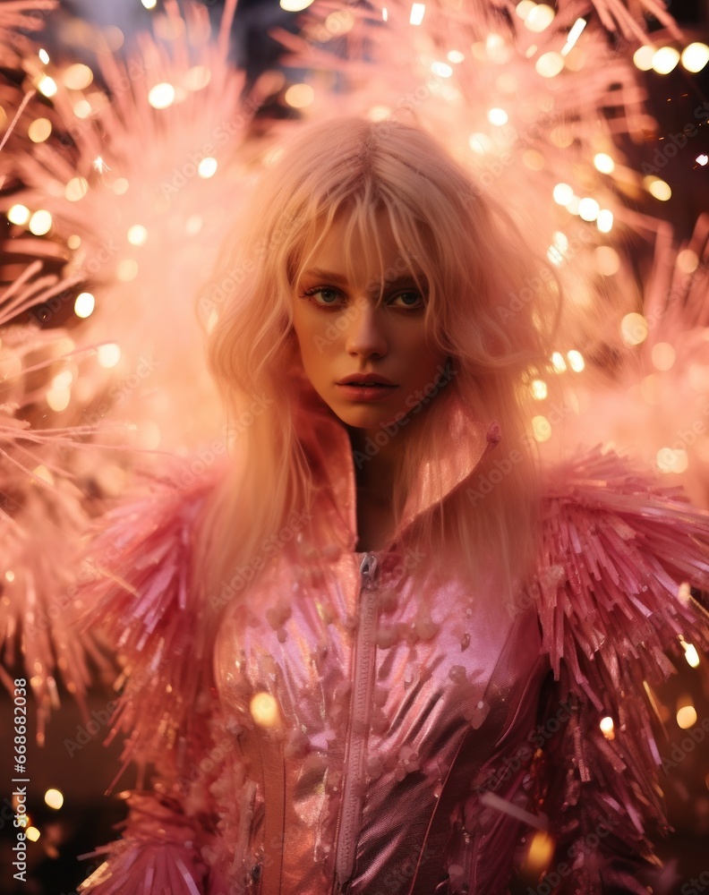 Amidst the vibrant celebration of a new year in 2024, a woman's sparkling pink jacket and doll-like hair danced among the exploding fireworks, radiating happiness and excitement