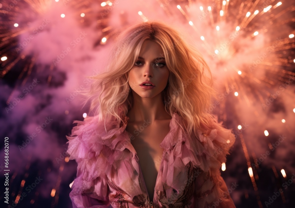 A jubilant woman in a vibrant pink dress dances under the sparkling 2024 sky, surrounded by a sea of celebratory fireworks, exuding pure joy and the promise of new beginnings