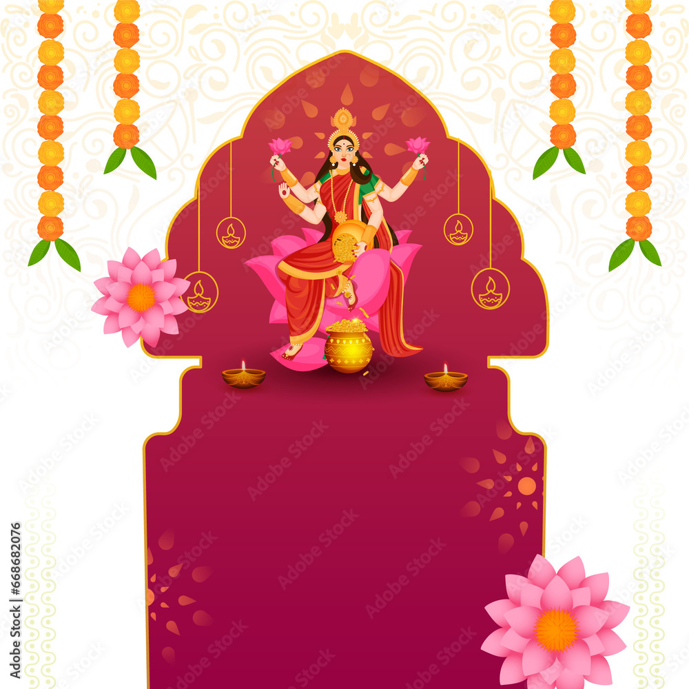 Character Of Goddess Lakshmi On Lotus Flower With Lit Oil Lamps (Diya) And Floral Garland (Toran) For Happy Diwali Concept. Character Of Goddess Lakshmi On Lotus Flower With Lit Oil Lamps (Diya) And Floral Garland (Toran) For Happy Diwali Concept.