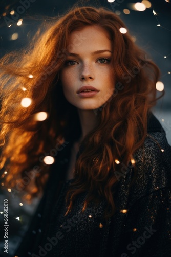 A fiery-haired girl stands in a portrait, her freckled face adorned with a bold lip and surrounded by fashion and light, exuding an untamed and captivating energy