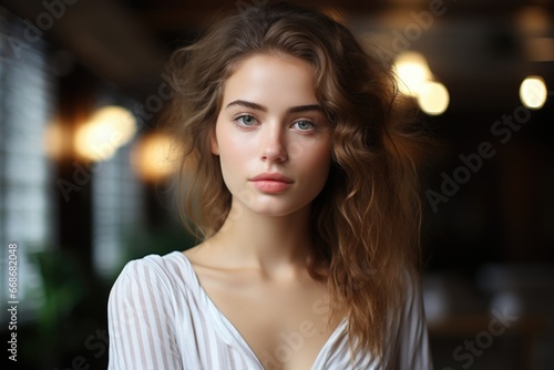A happy woman with curly brown hair, looking at the camera. Generated AI