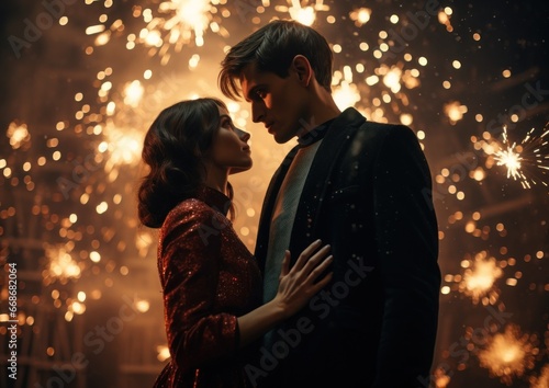 As the clock struck midnight on the first day of 2024, a man and woman shared a passionate kiss under a shower of celebratory fireworks, their love and happiness illuminated by the colorful bursts