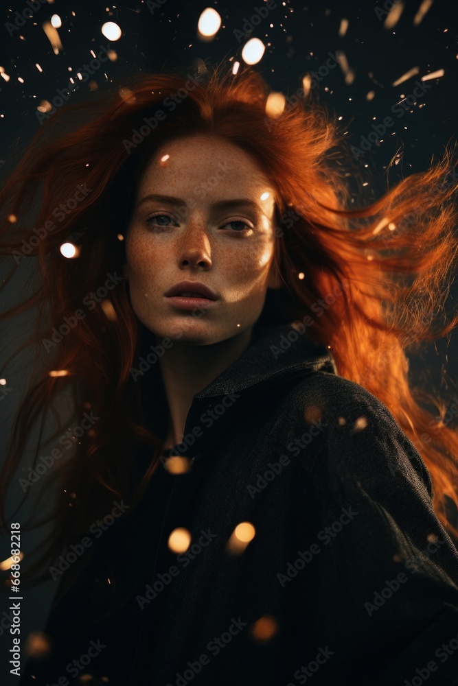 Amidst the vibrant bursts of fireworks, a joyful woman with fiery red hair and scattered freckles revels in the start of a new year, adorned in festive clothing and exuding a sense of exhilaration an Amidst the vibrant bursts of fireworks, a joyful woman with fiery red hair and scattered freckles revels in the start of a new year, adorned in festive clothing and exuding a sense of exhilaration an