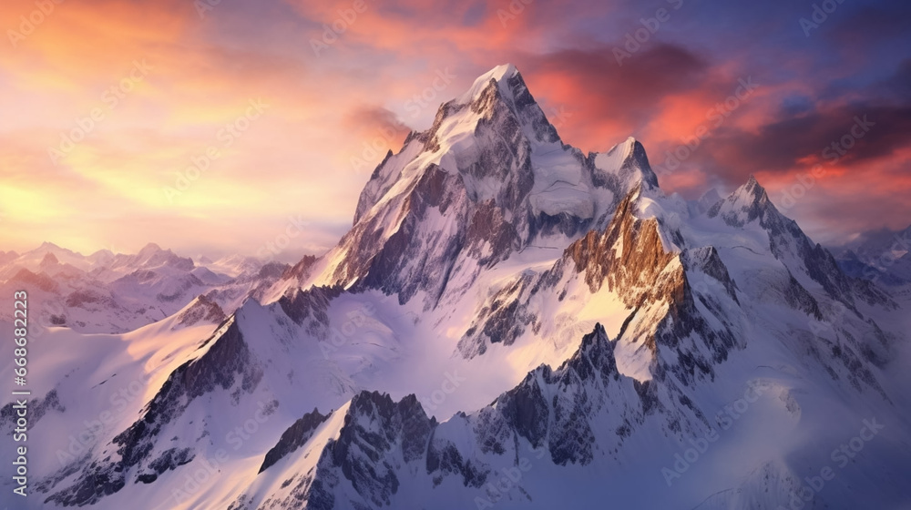 Aerial view of snow-covered mountain peaks at sunrise, aerial photography, soft morning light, panoramic view. View on rocky mountains covered with snow. Beautiful alpine nature view. Alpine theme.