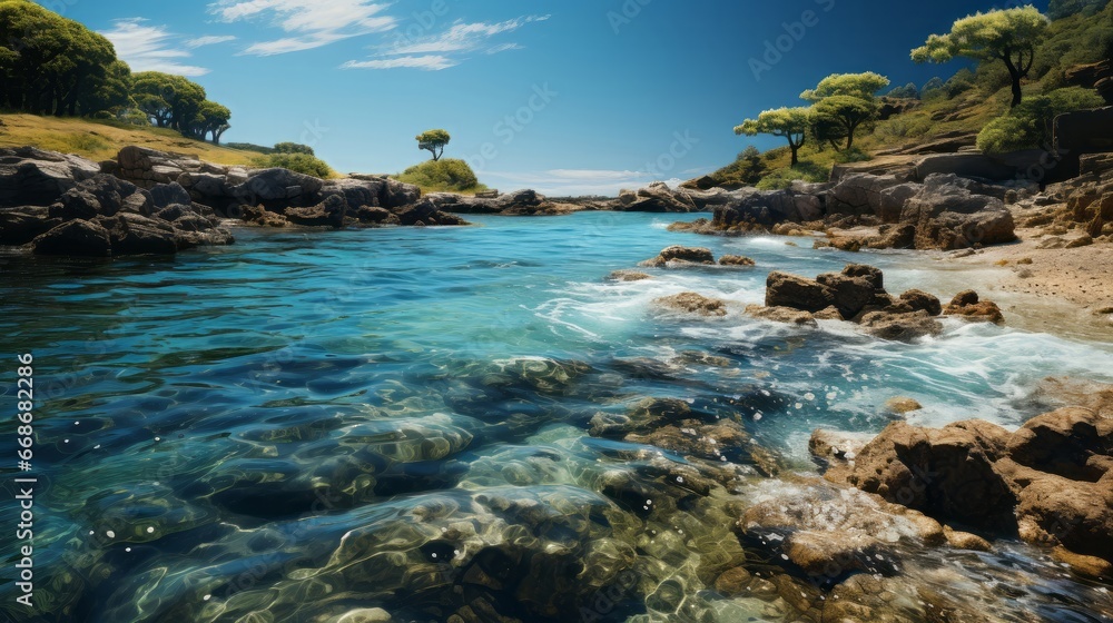 A rocky beach with blue water. Generative AI.