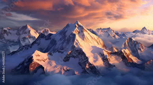 Aerial view of snow-covered mountain peaks at sunrise  aerial photography  soft morning light  panoramic view. View on rocky mountains covered with snow. Beautiful alpine nature view. Alpine theme.
