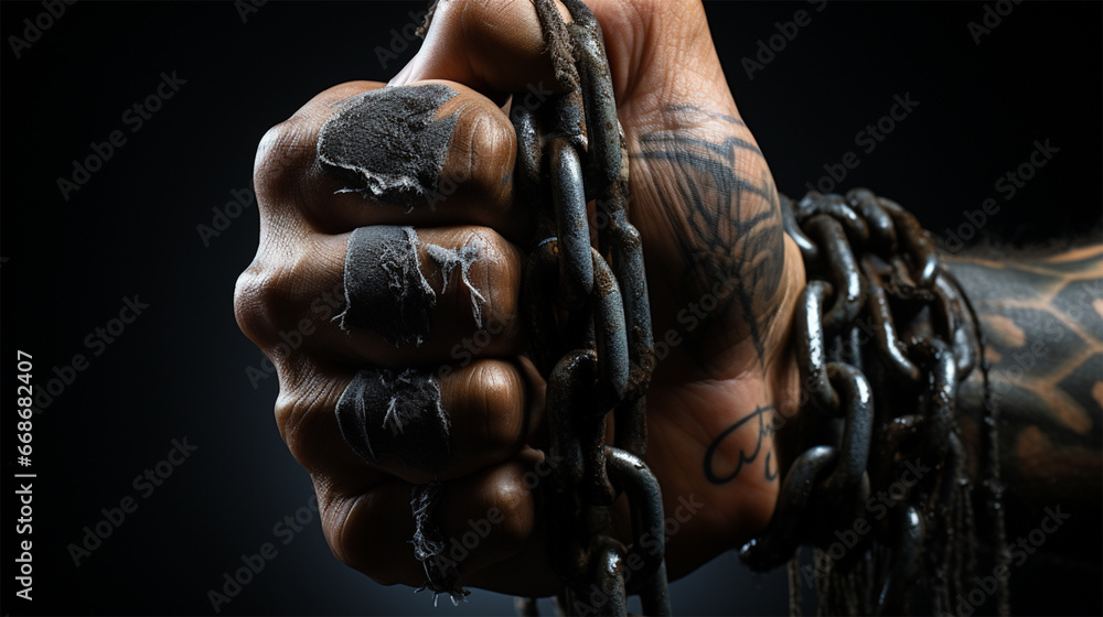 a man's hand in chains. A fist as a symbol of resistance to the deprivation of rights and freedoms. Anti-slavery and illegal imprisonment concept