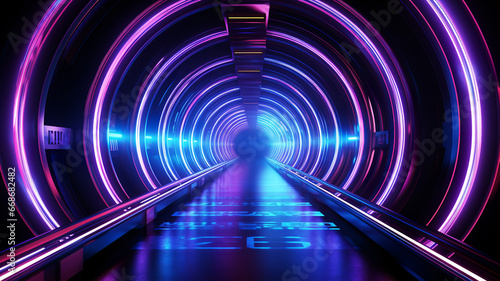 Glowing tunnel corridor system in futuristic neon colors with copy space. Modern architecture concept. AI generated.
