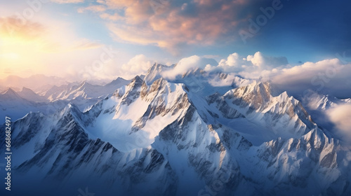 Aerial view of snow-covered mountain peaks at sunrise, aerial photography, soft morning light, panoramic view. View on rocky mountains covered with snow. Beautiful alpine nature view. Alpine theme. © Dirk