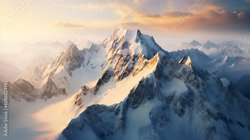 Aerial view of snow-covered mountain peaks at sunrise  aerial photography  soft morning light  panoramic view. View on rocky mountains covered with snow. Beautiful alpine nature view. Alpine theme.