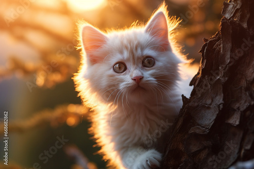 Gatinho persa em cima da árvore sobre a luz do por do sol - Papel de parede 