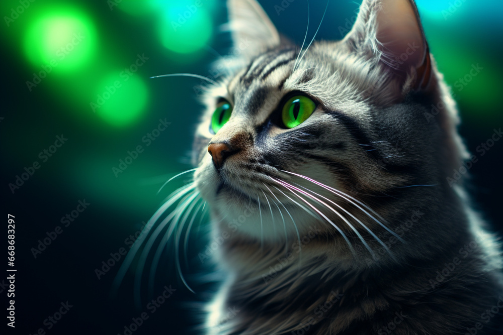 Gato cinza com os olhos verdes no fundo desfocado com luzes verdes - Papel de parede Macro